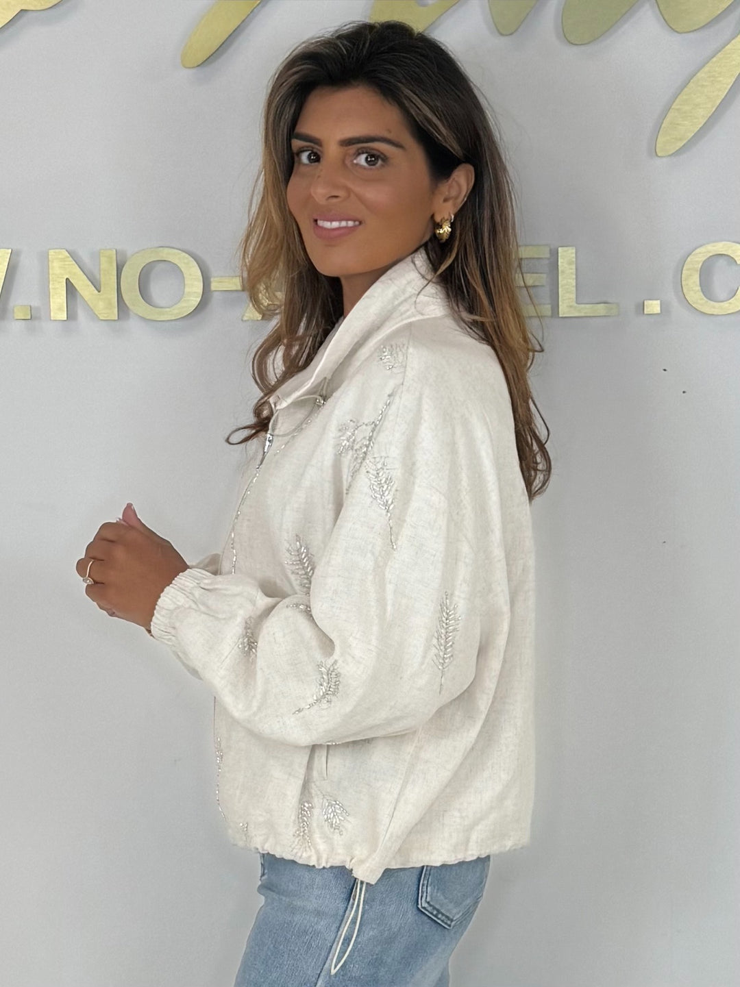 Linen Mix Leaf Embellished Drawstring Bomber Jacket