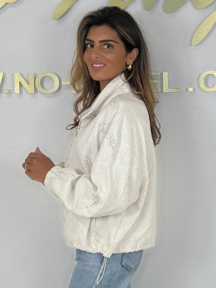 Linen Mix Leaf Embellished Drawstring Bomber Jacket