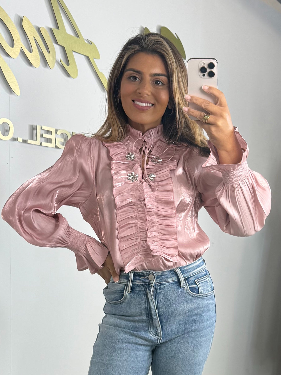 Fringe Detail Grandad Collar Jewelled Detail Balloon Sleeve Blouse (3 Colours)