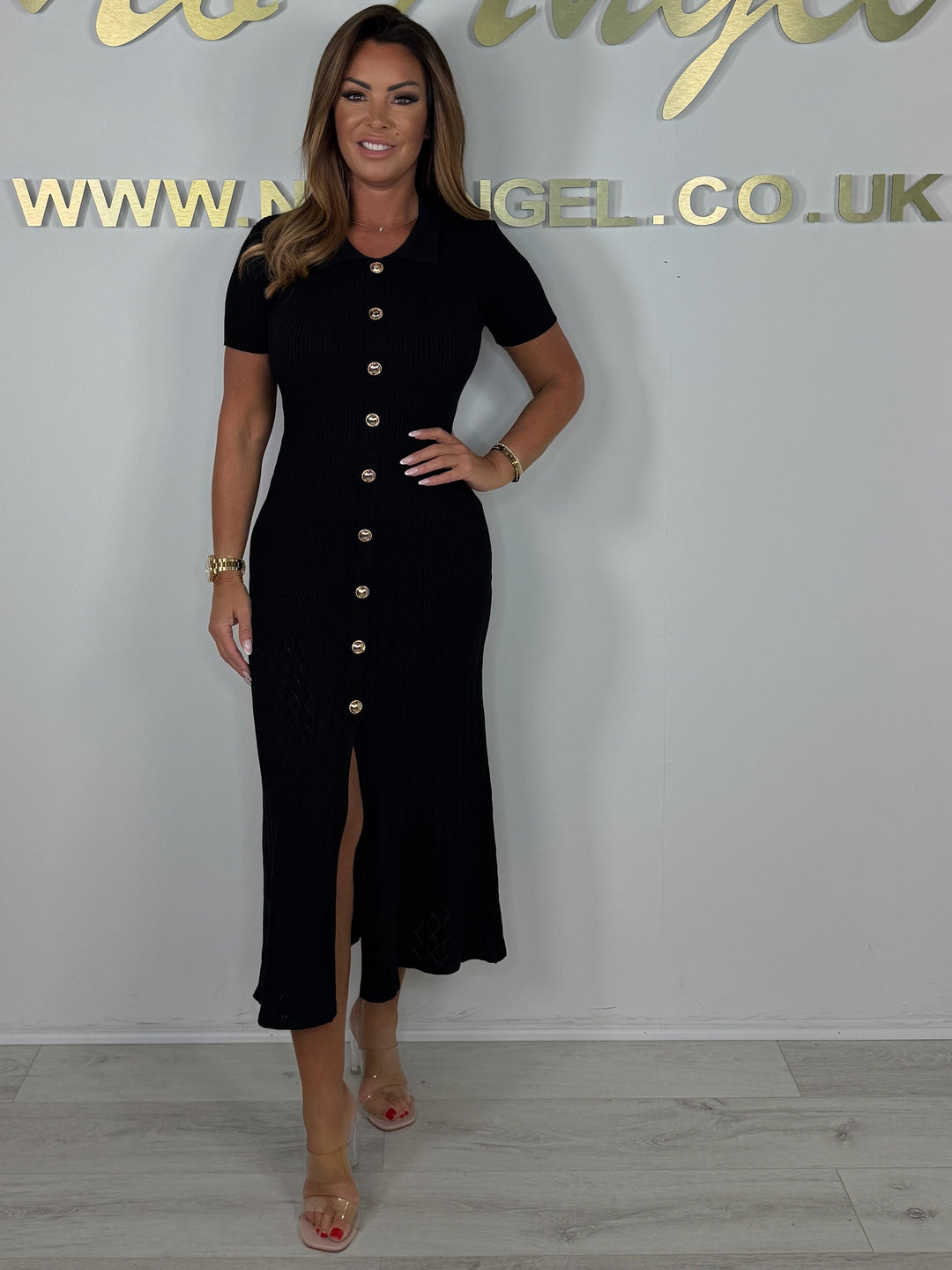 Ribbed Collared Gold Button Front Split Maxi Dress (2 Colours)
