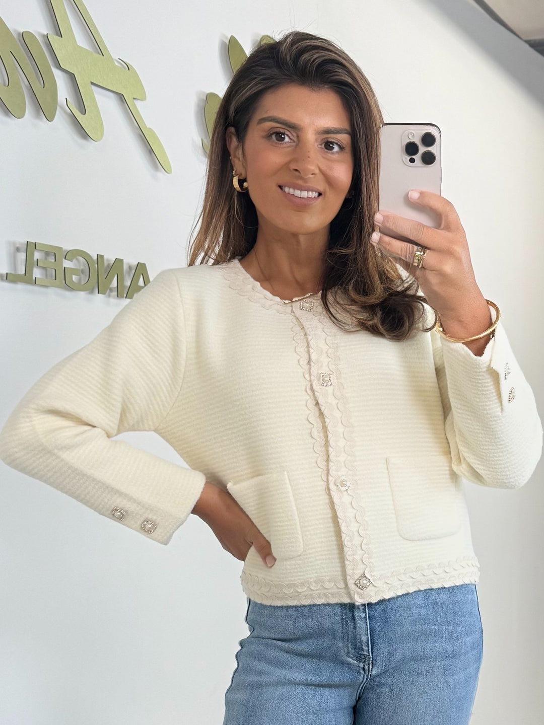 Cream Soft Knit Scalloped Edge Diamante Button Cardigan