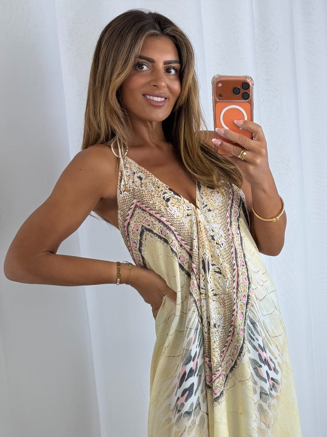 V-Neck Jewelled Printed Low Back Maxi Dress (2 Colours)