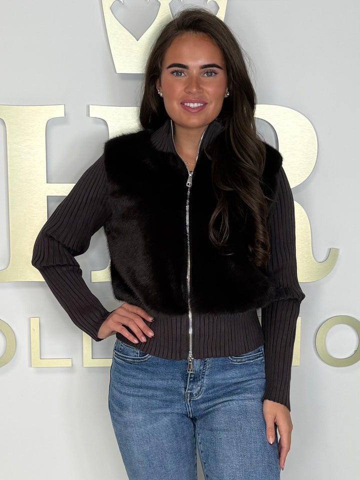 Ribbed Faux Fur Funnel Neck Jumper (2 Colours)