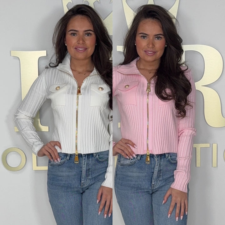 Ribbed Gold Hardware Zip Up Cardigan (2 Cardigan)
