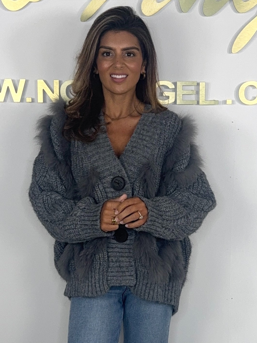 Chunky Knit V-Neck Faux Fur Detail Button Up Cardigan (2 Colours)