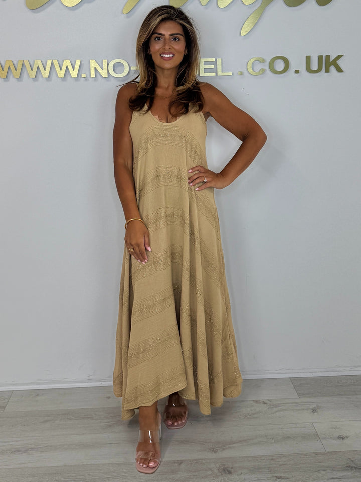 Linen Mix Gold Fleck Spaghetti Strap Handkerchief  Maxi Dress  (2 Colours)
