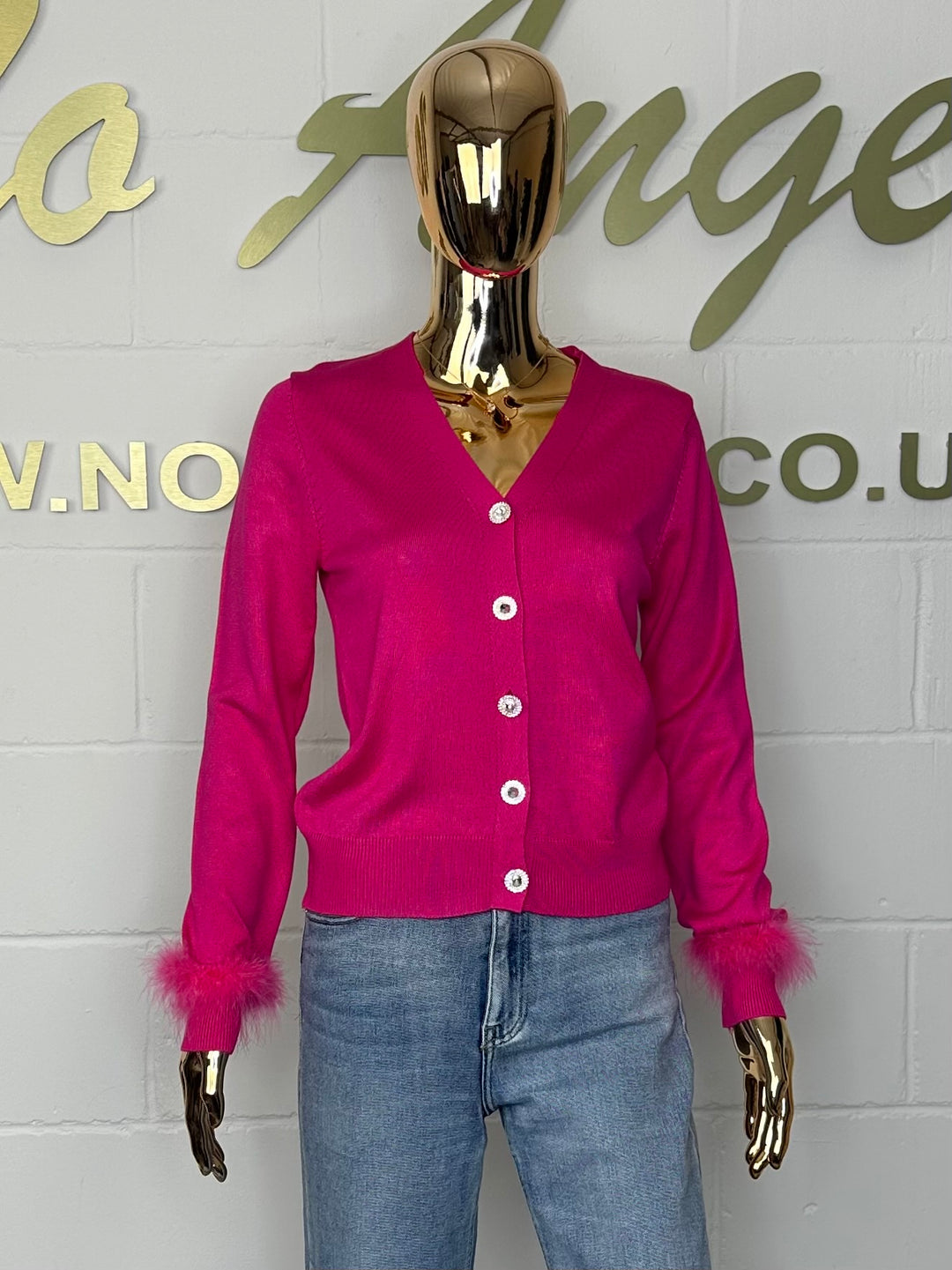 Fuchsia V-Neck Diamante Button Feather Cuff Cardigan