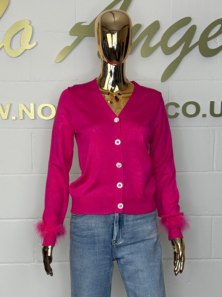Fuchsia V-Neck Diamante Button Feather Cuff Cardigan
