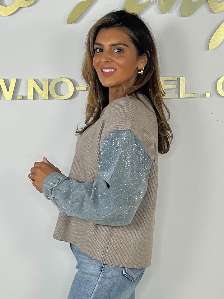 Button Up Knit Diamante Denim Sleeve Cardigan (2 Colours)