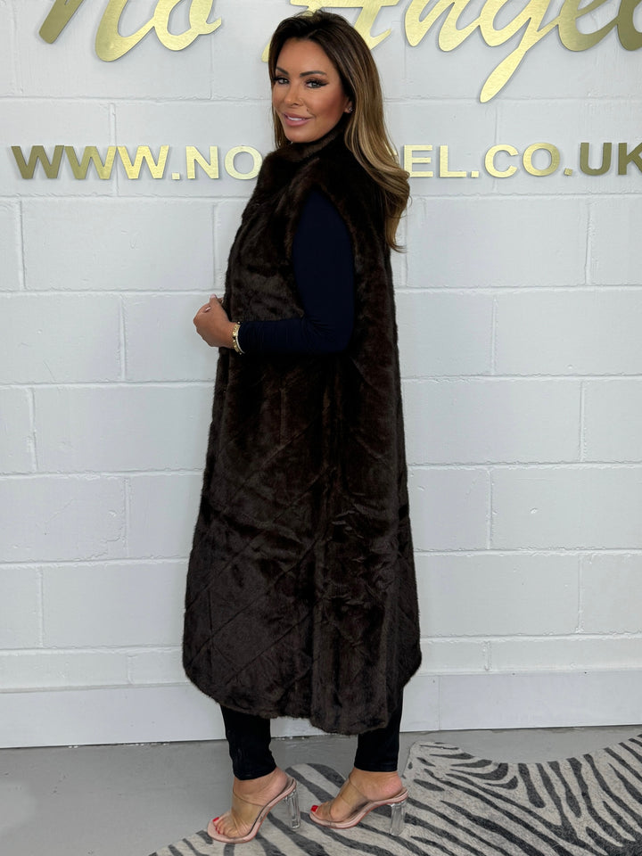 Brown Faux Fur Longline Chevron Gilet