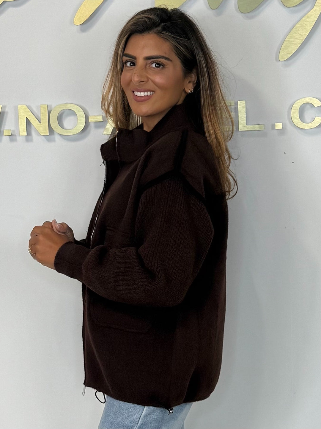 Thick Knit Pocket Detail Funnel Drawstring Bottom Jacket (2 Colours)