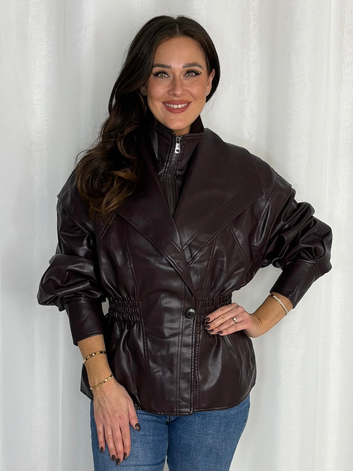 Faux Leather Cinched Waist Funnel Neck Jacket