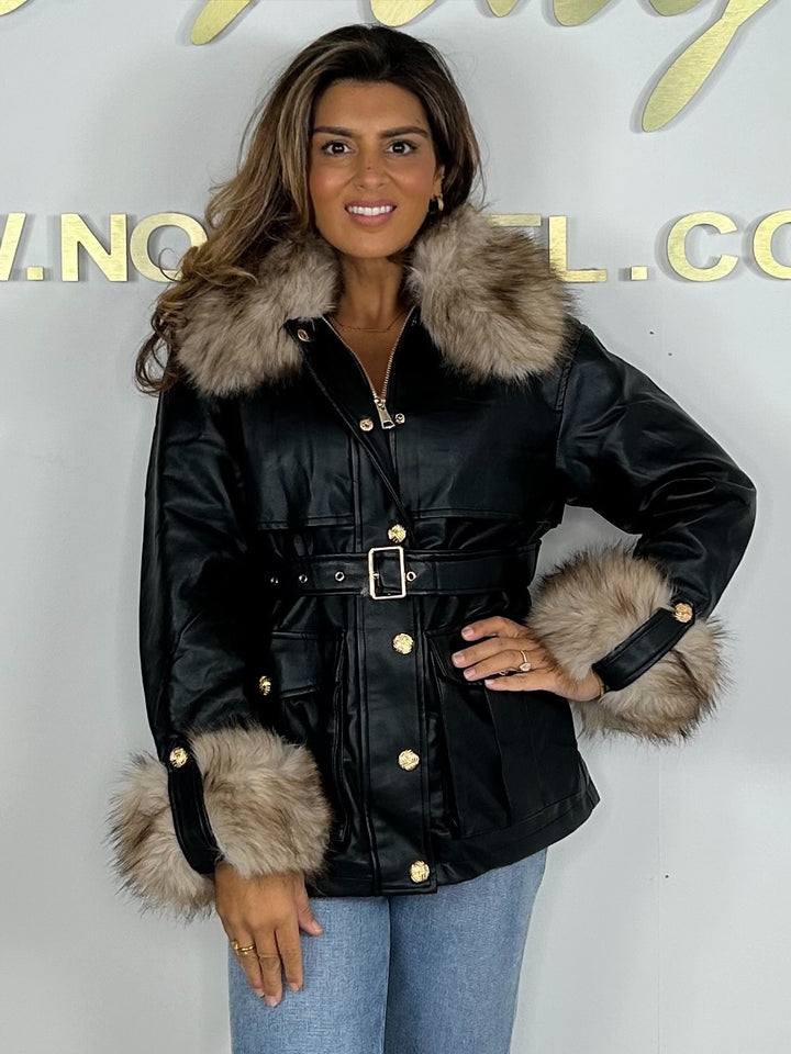 Black Faux Fur & Leather Belted Zip Up Jacket
