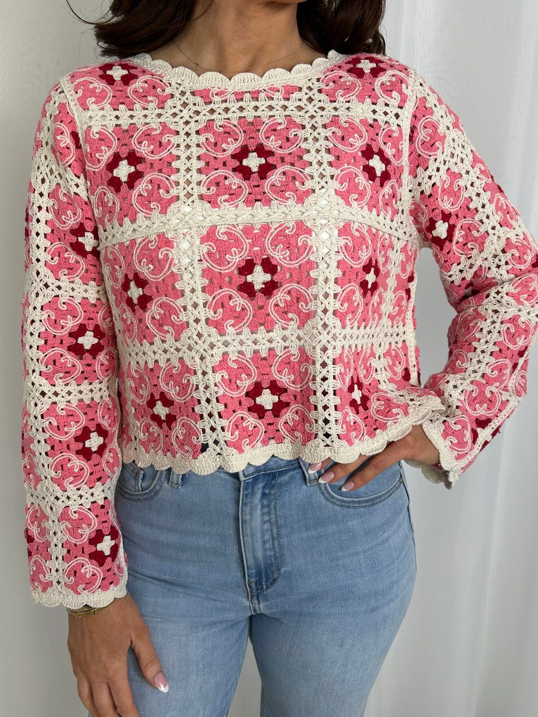 Pink Crochet Long Sleeve Top
