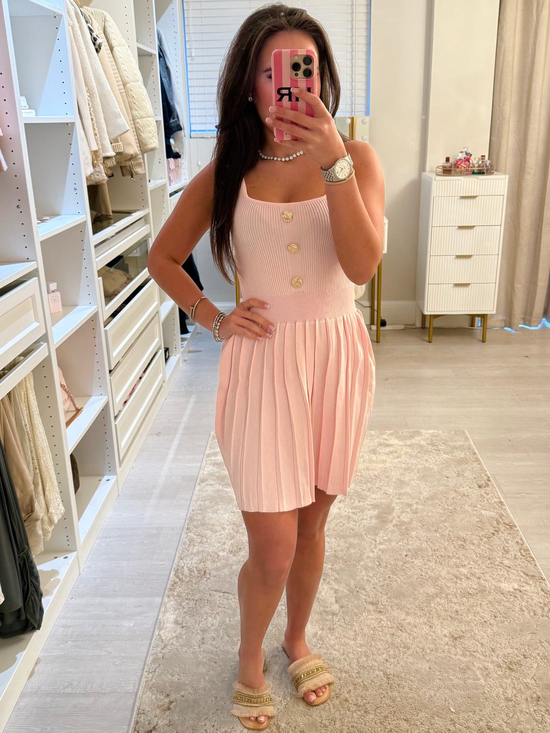 Gold Button Pleated Dress (5 Colours)