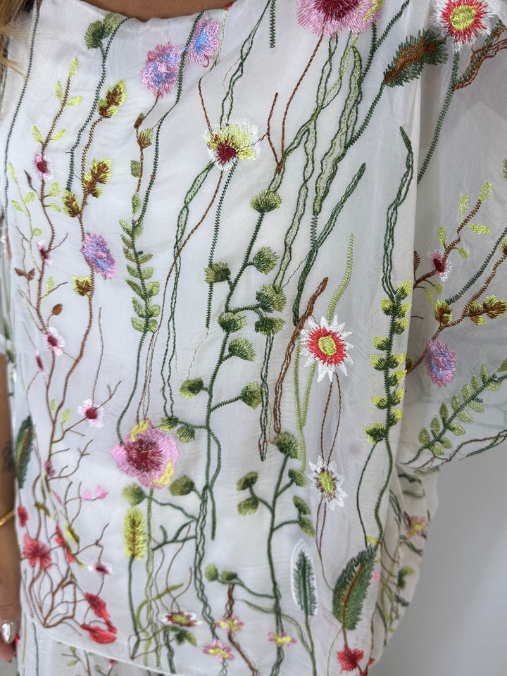 Flower Embroidered Silk Top And Trouser Co-Ord (2 Colours)