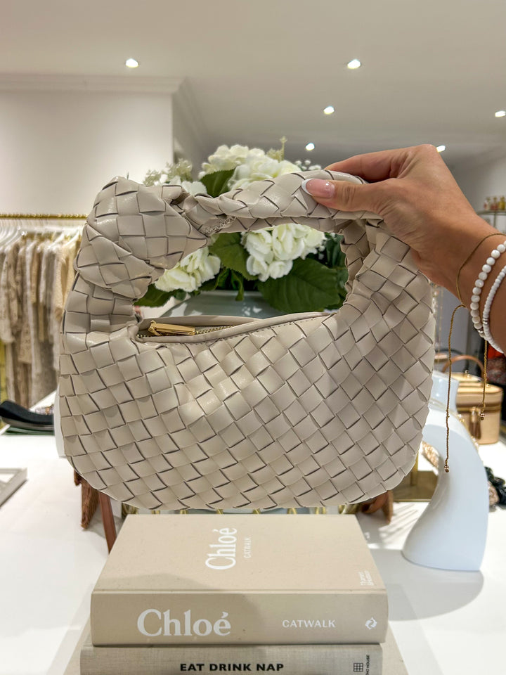 Beige Faux Leather Woven Baguette Knot Bag