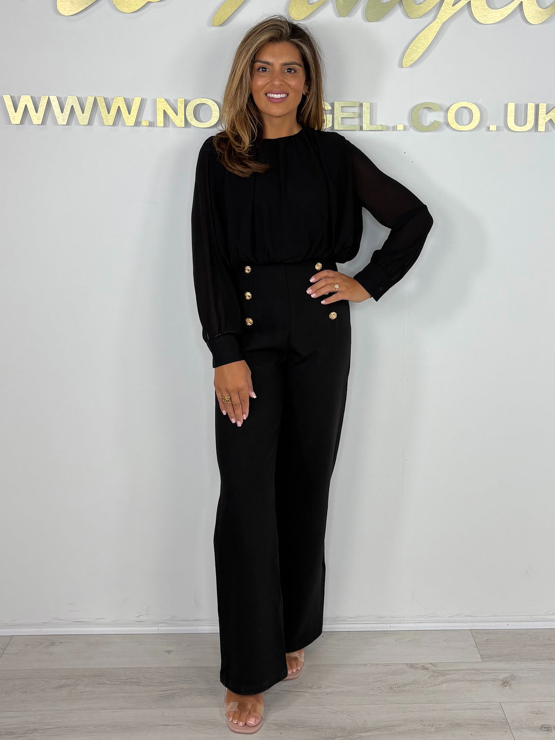 Long Sleeve Chiffon Top Gold Button Jumpsuit (2 Colours)