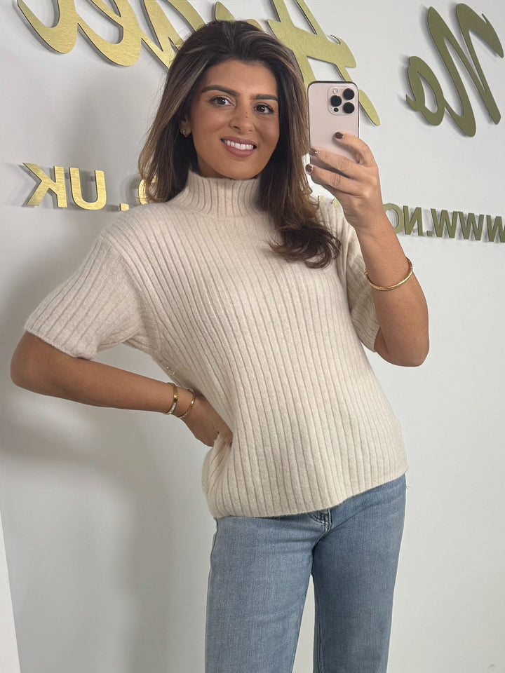Alpaca Cream Turtle Ribbed Short Sleeve Button Jumper