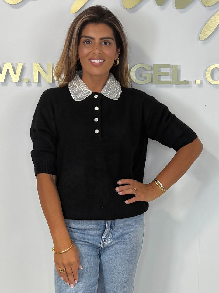 Short Sleeve Diamante Collared Knit Jumper (7 Colours)