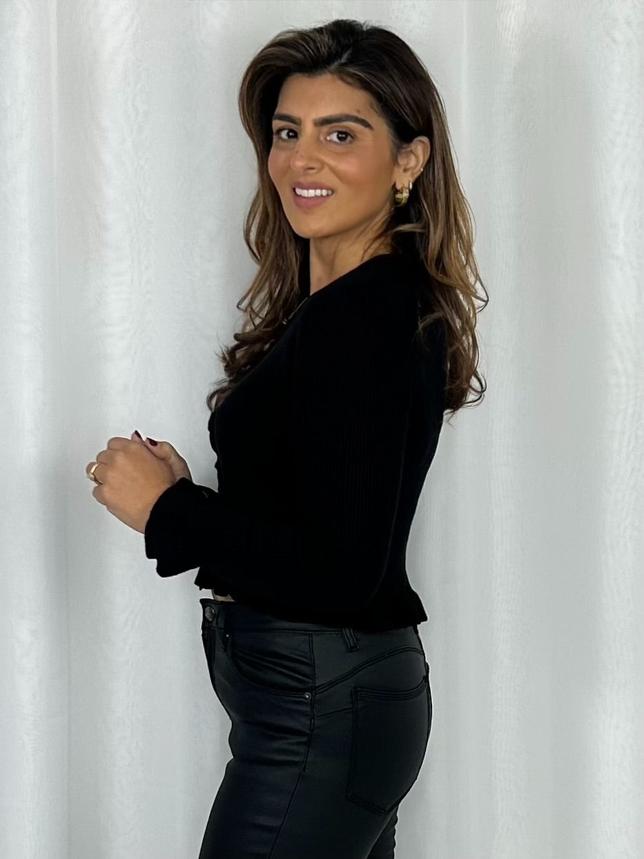 Ribbed Long Sleeve Frill Trim Button Top (2 Colours)