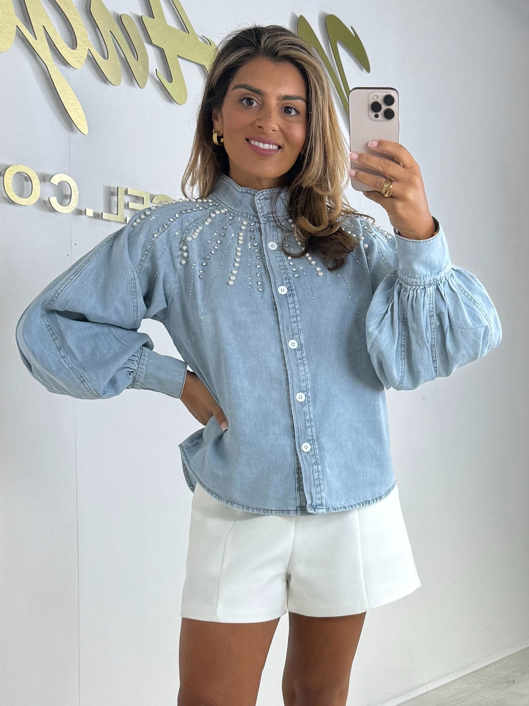 Denim Grandad Collar Pearl & Diamante Balloon Sleeve Top