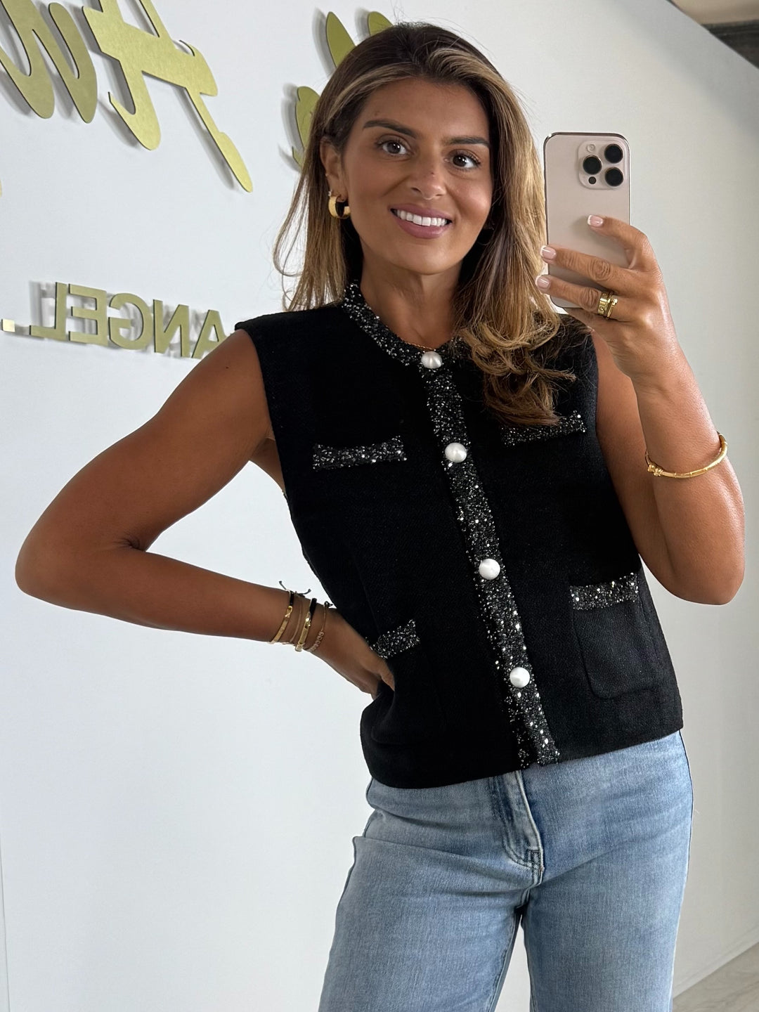 Sequin Trim Pearl Button Sleeveless Waistcoat (2 Colours)