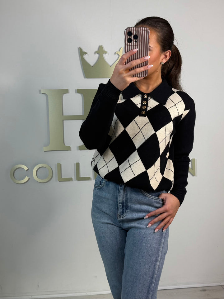 Black / Cream Diamond Collared Soft Knit Jumper