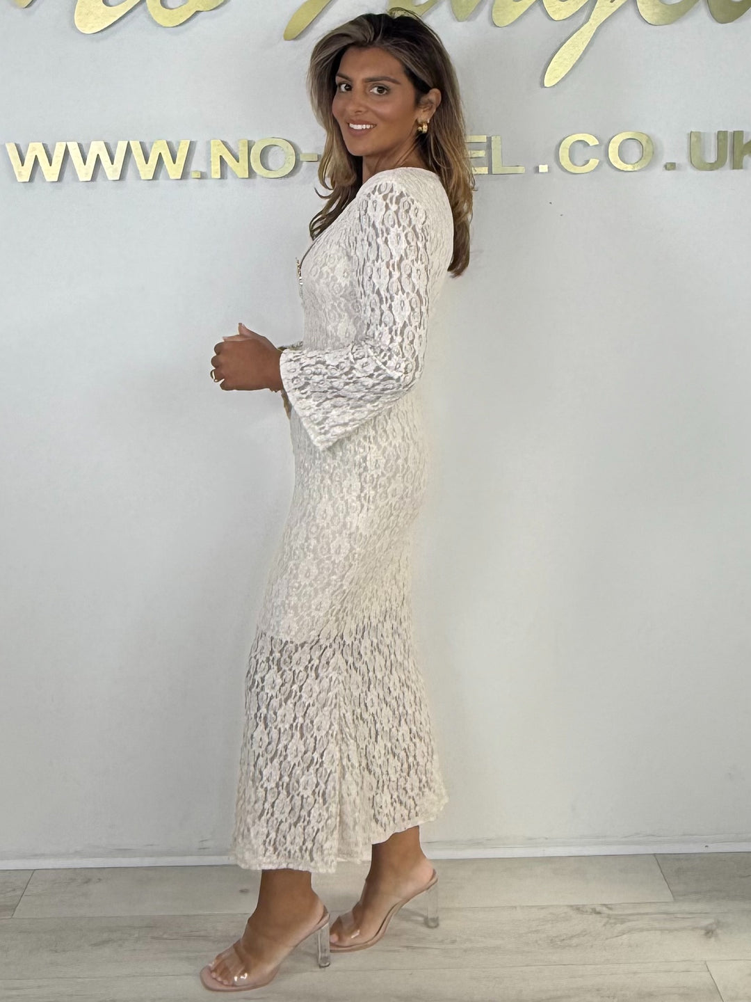 Lace Long Sleeve Deep V-Neck Sun Gold Hardware Maxi Dress (6 Colours)