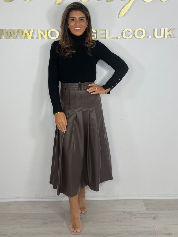 Faux Leather Long Pleated Belted Midi Skirt (2 Colours)