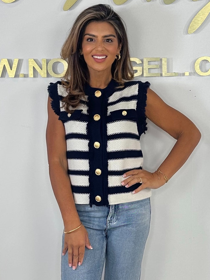 Navy Stripe Frayed Gold Button Top