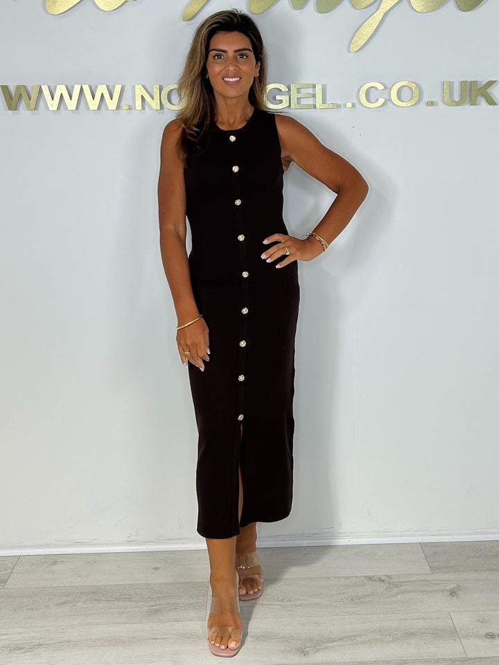 Soft Knit Sleeveless Gold Button Front Split Dress (2 Colours)