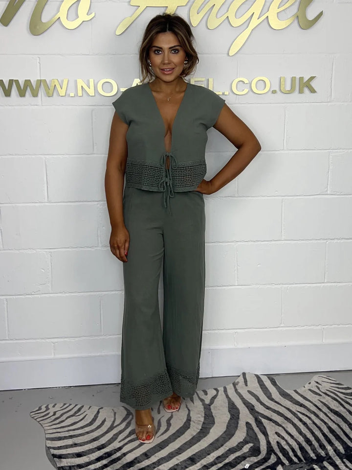 Tie Crochet Detail Top & Matching Trousers ( 2 colours )