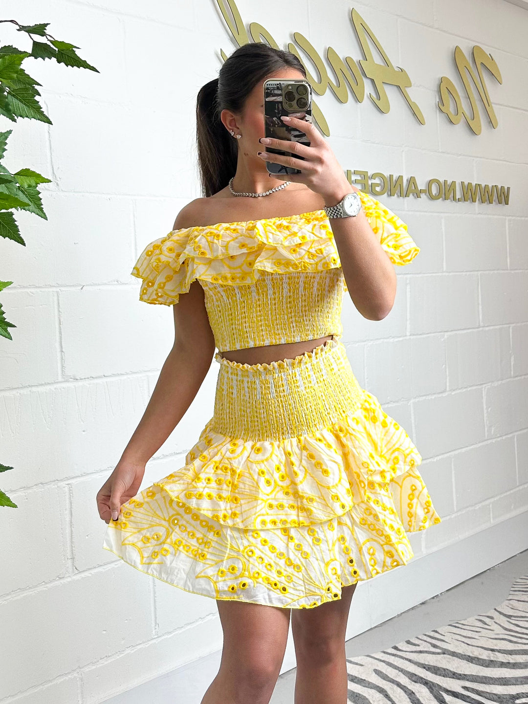 Yellow And White Bardot frill Top And Skirt Set