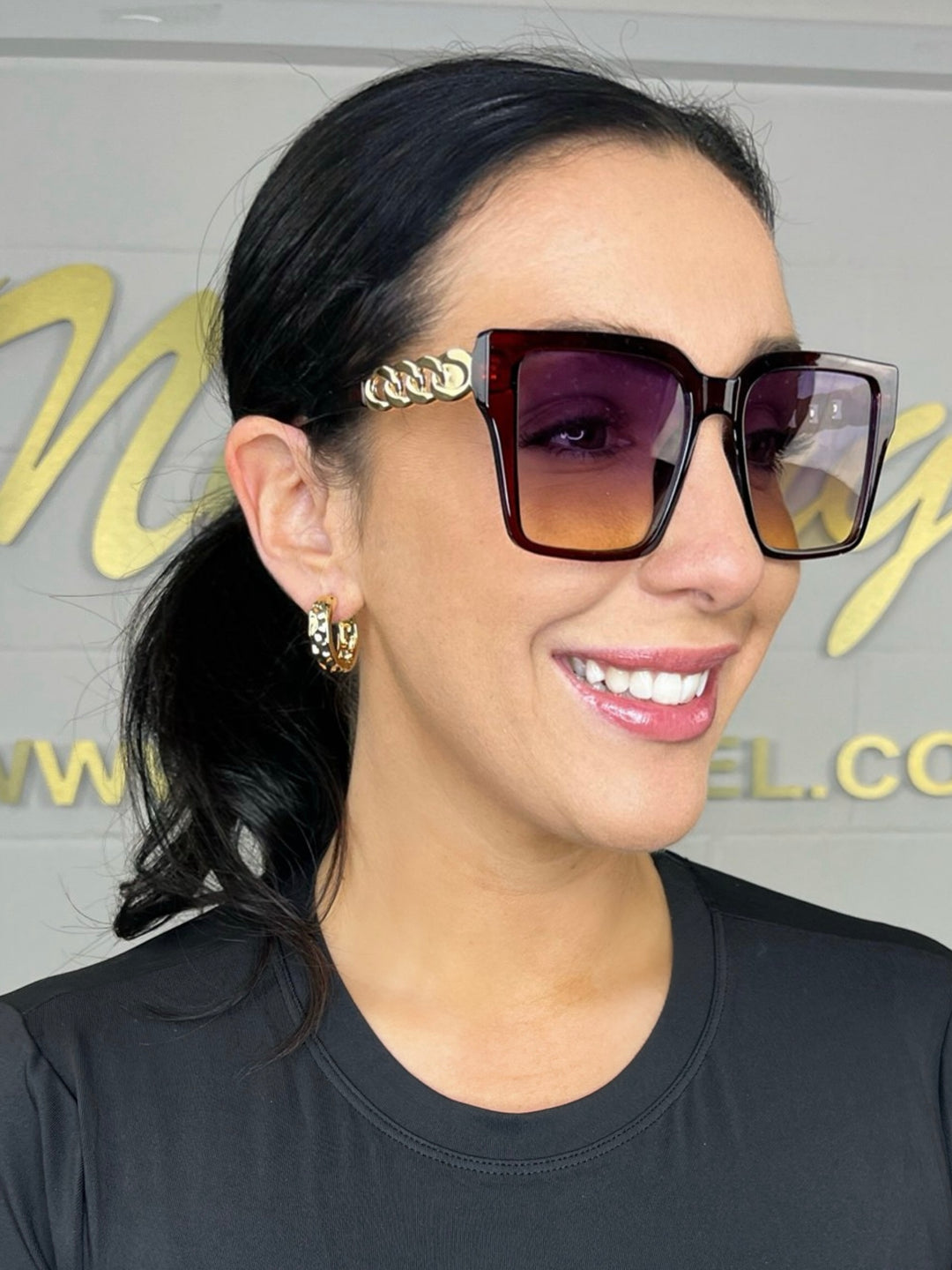 Rust Brown Square Gold Chain Arm Sun Glasses