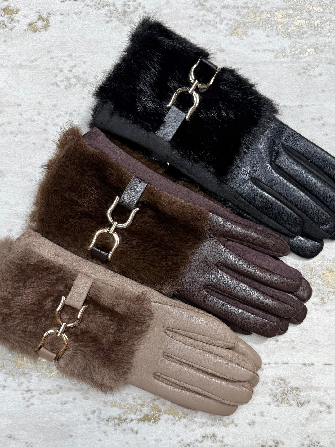 Faux Fur Cuff Gloves With Gold Buckle Detail (3 Colours)