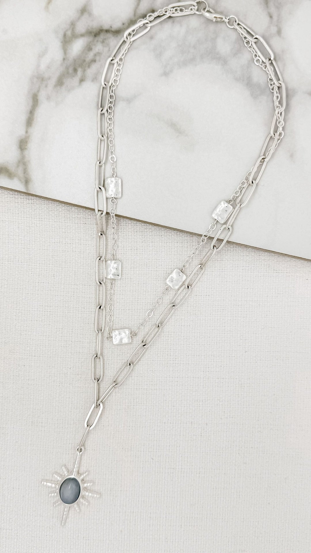 Silver Double Chain Necklace With Grey Star Pendant 9137