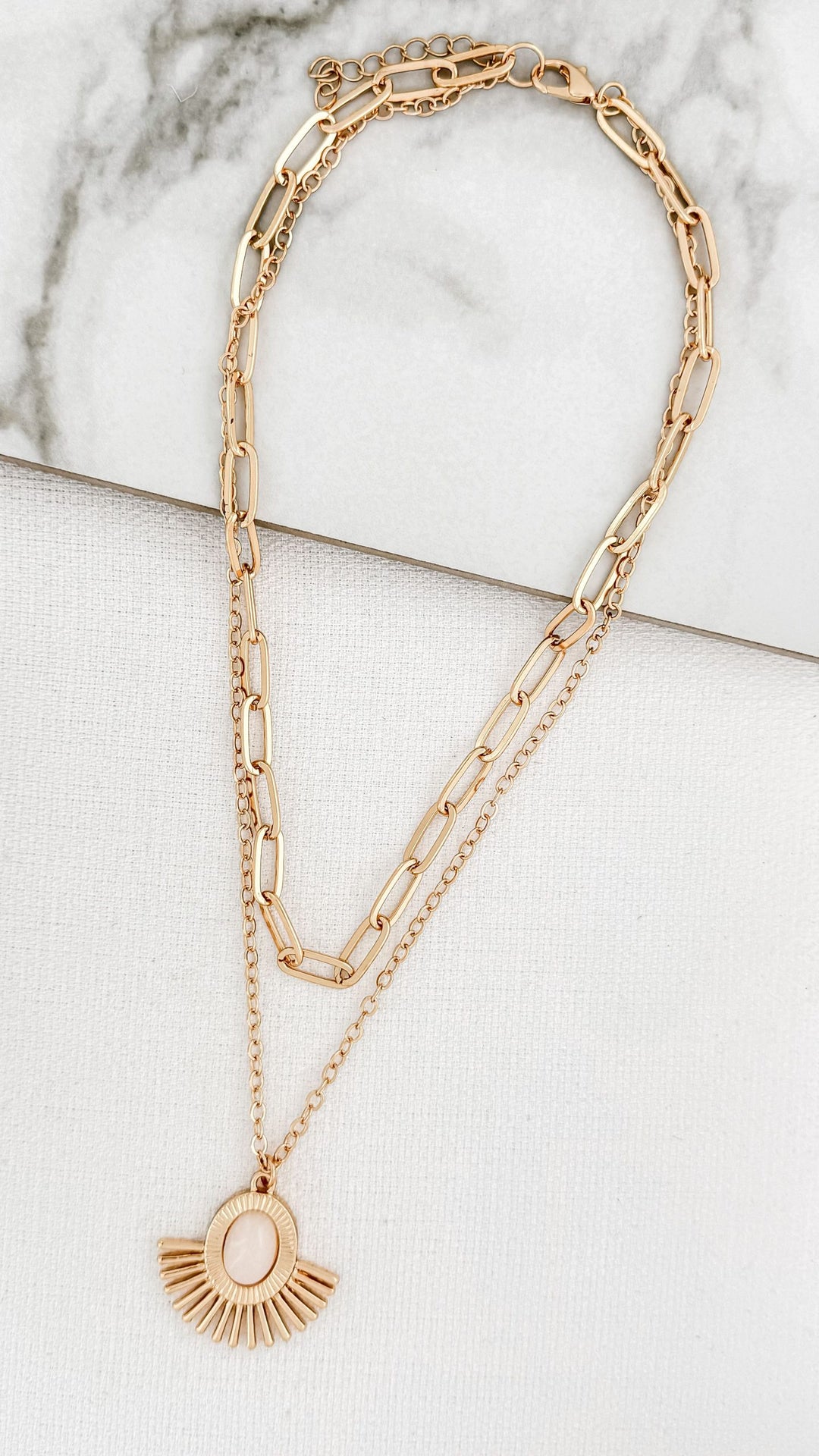 Gold double Chain Fan Pendant Necklace