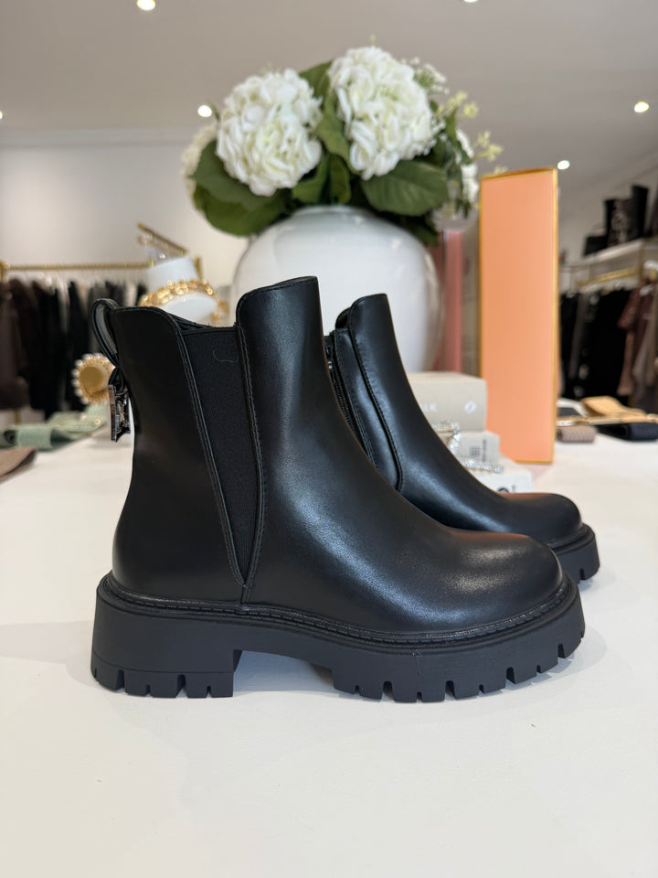 Black Chunky Ankle Boots with Flower Charm Detail