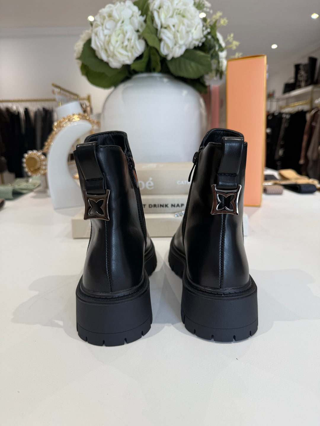 Black Chunky Ankle Boots with Flower Charm Detail