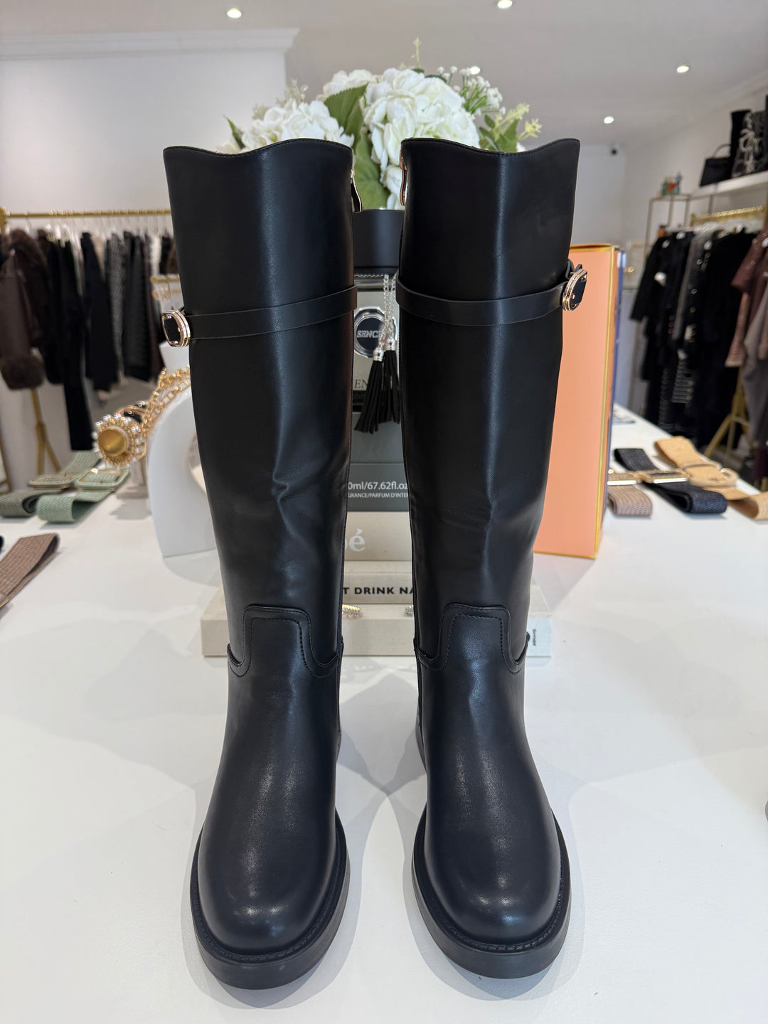 Faux Leather Knee Length Gold Buckle Top Boots