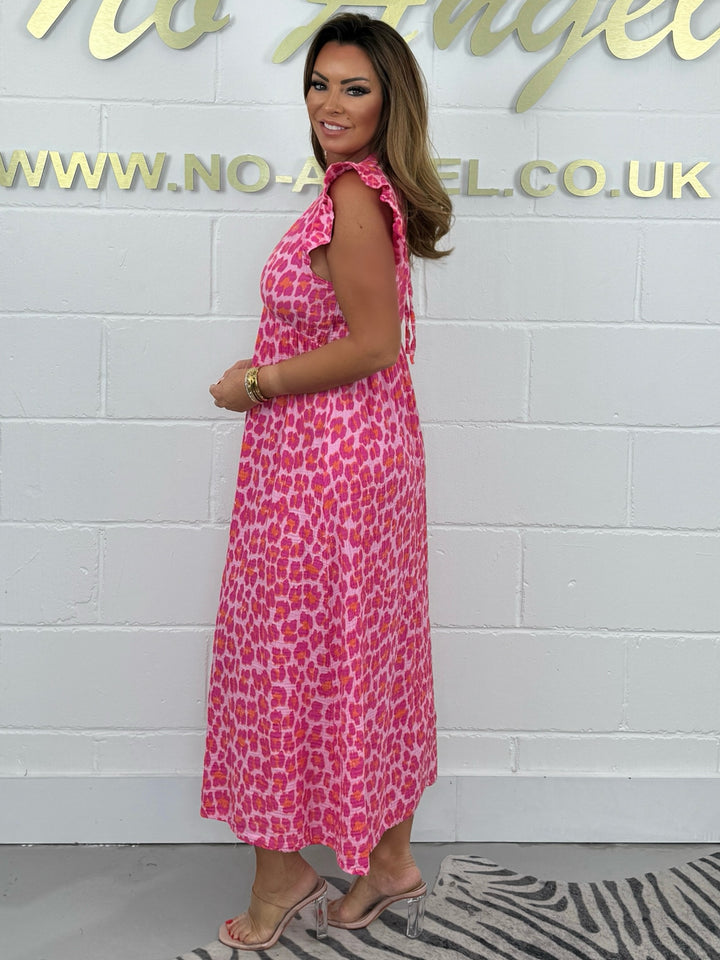 Pink Leopard Print Cheesecloth V Neck Midi Dress (2 Colours)