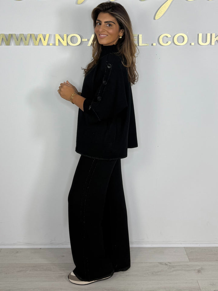 Turtle Neck 3/4 Sleeve Shimmer Trim Button Detail Trouser Co-ord (6 Colours)
