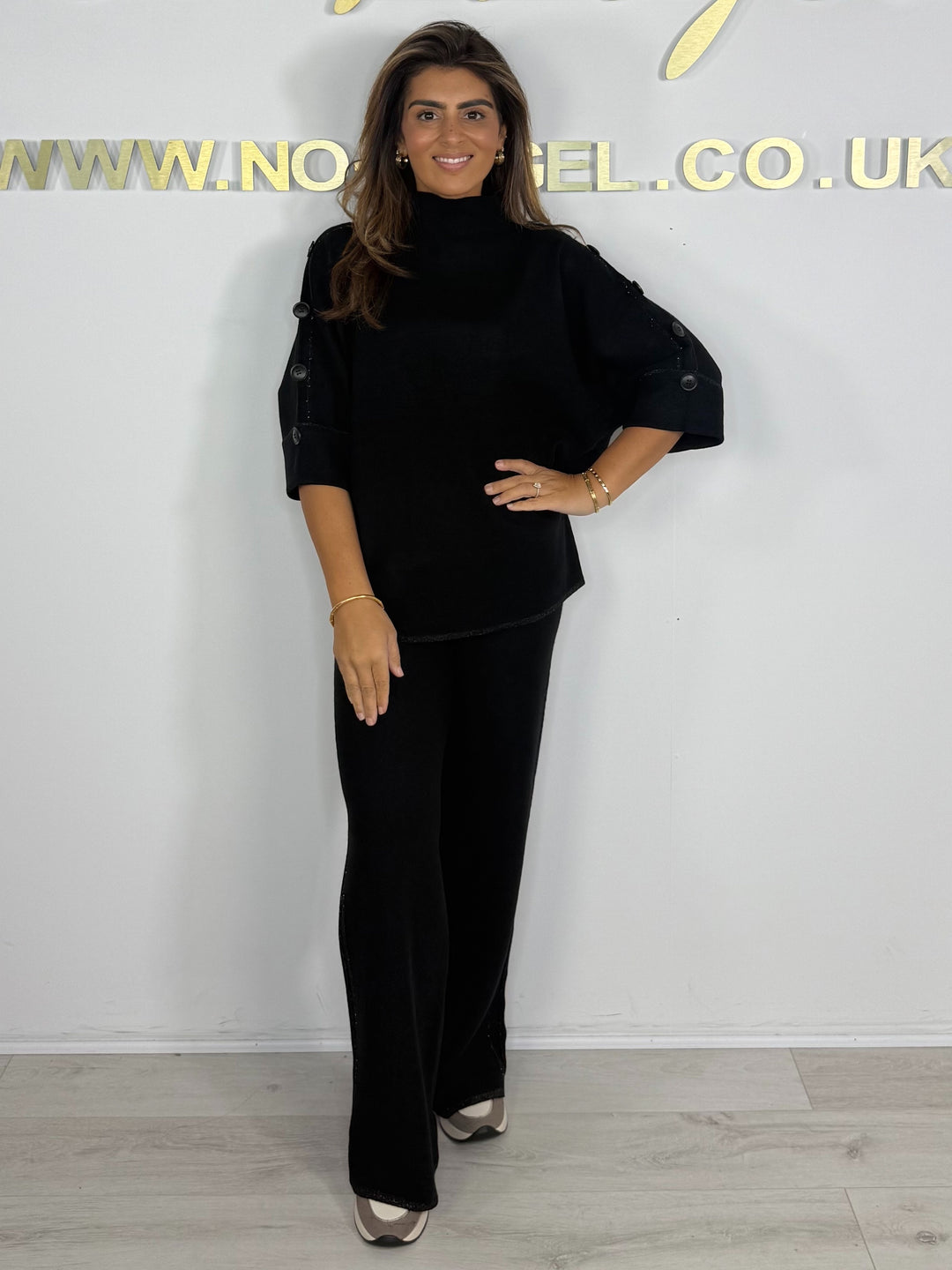 Turtle Neck 3/4 Sleeve Shimmer Trim Button Detail Trouser Co-ord (6 Colours)