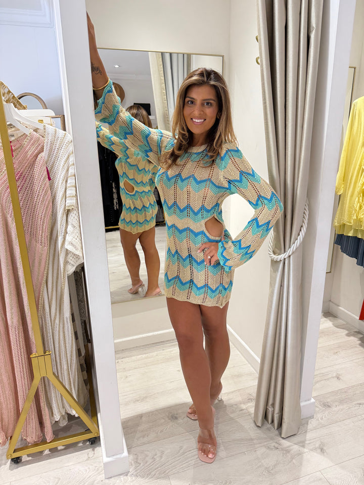 Shimmer Zigzag Round neck Crochet Cut Out Side Beach Dress (2 Colours)