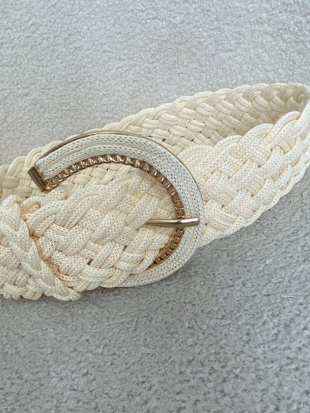 Cream Plaited Rope Belt With A Gold Buckle