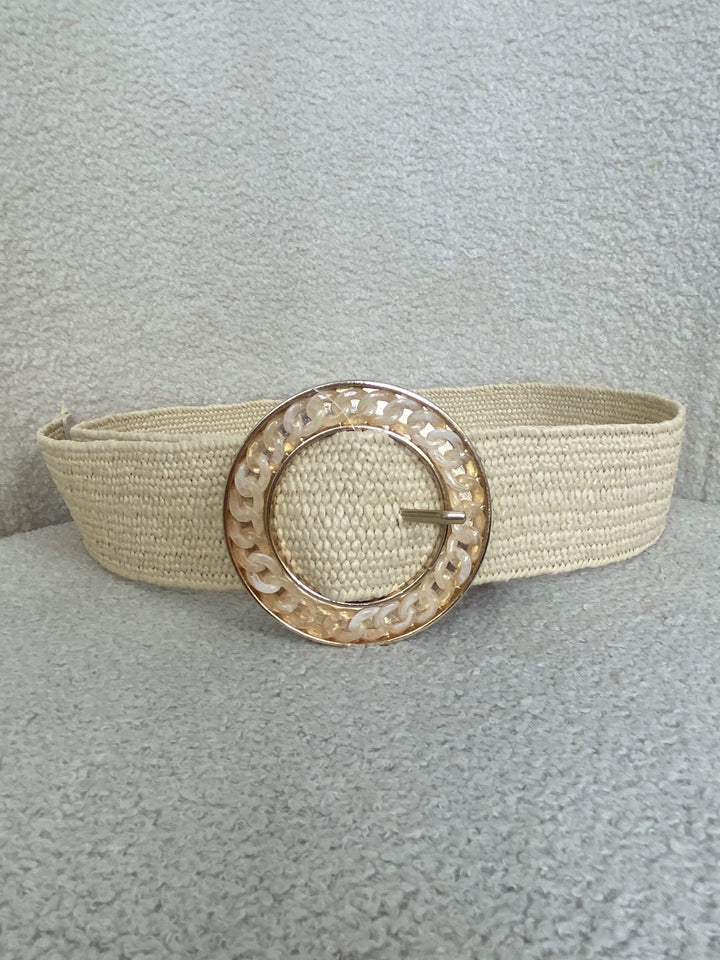 Cream Woven Belt With Marble Look Buckle Detail