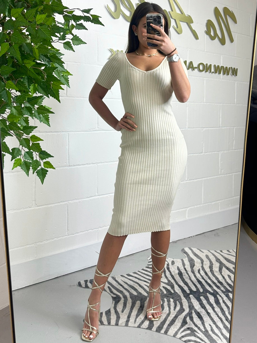Beige V Neck Ribbed Short Sleeve Dress