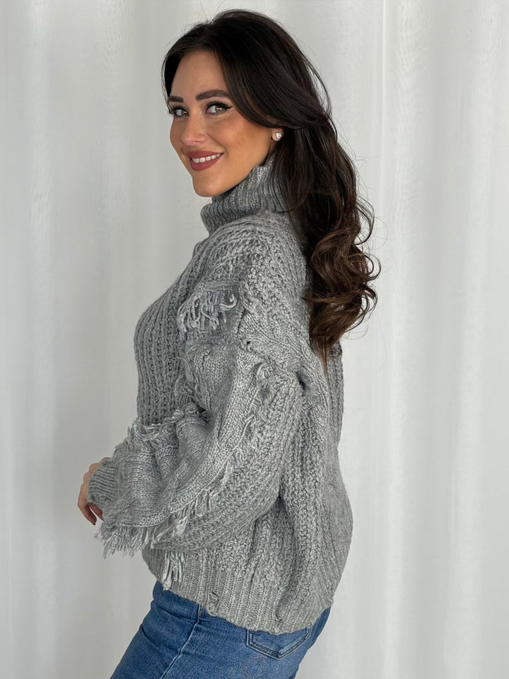 High Neck Cable Knit Fringe Detail Jumper (3 Colours)