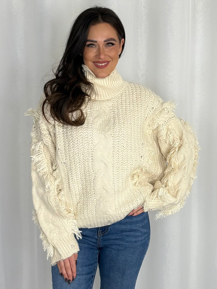 High Neck Cable Knit Fringe Detail Jumper (3 Colours)